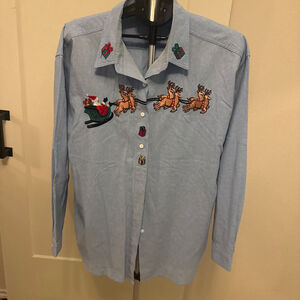 Women's Falls Creek Blue Christmas Santa Reindeer Button Down Shirt 24W